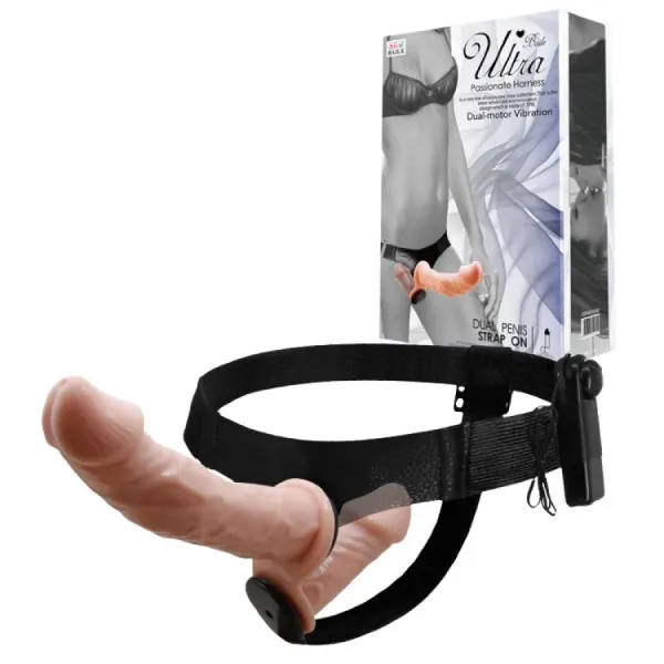Двойной страпон с вибрацией ULTRA PASSIONATE HARNESS, бежевый Двойной страпон с вибрацией ULTRA PASSIONATE HARNESS, бежевый