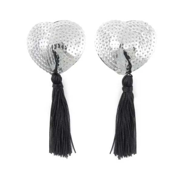 Наклейки на соски с пайетками и кисточкой (серебристые)