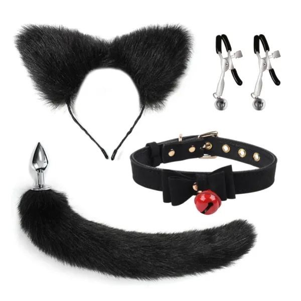 Набор из пробки с хвостиком, ушек, зажимов и чокера (черный) Набор из пробки с хвостиком, ушек, зажимов и чокера (черный)