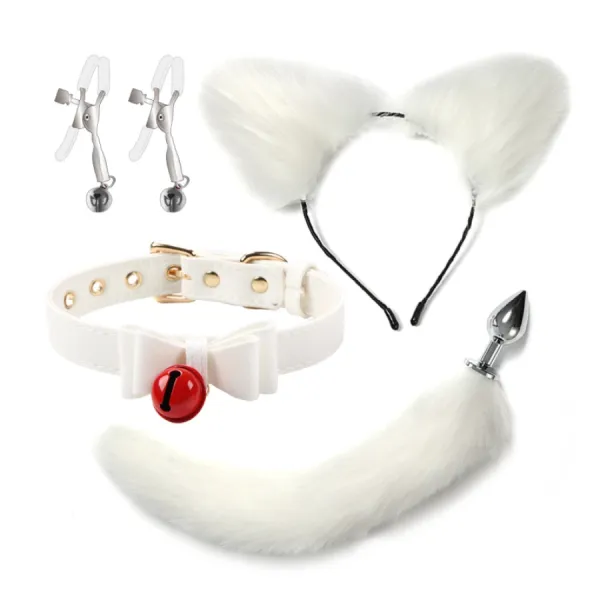 Набор из пробки с хвостиком, ушек, зажимов и чокера (белый) Набор из пробки с хвостиком, ушек, зажимов и чокера (белый)
