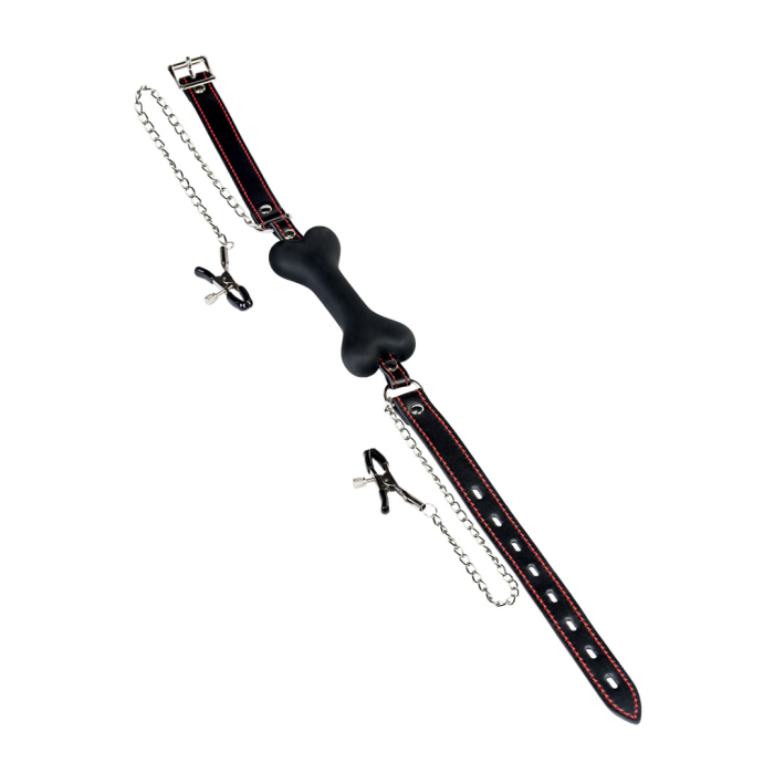 Кляп-трензель TOYFA Theatre, в виде косточки с зажимами для сосков, черный