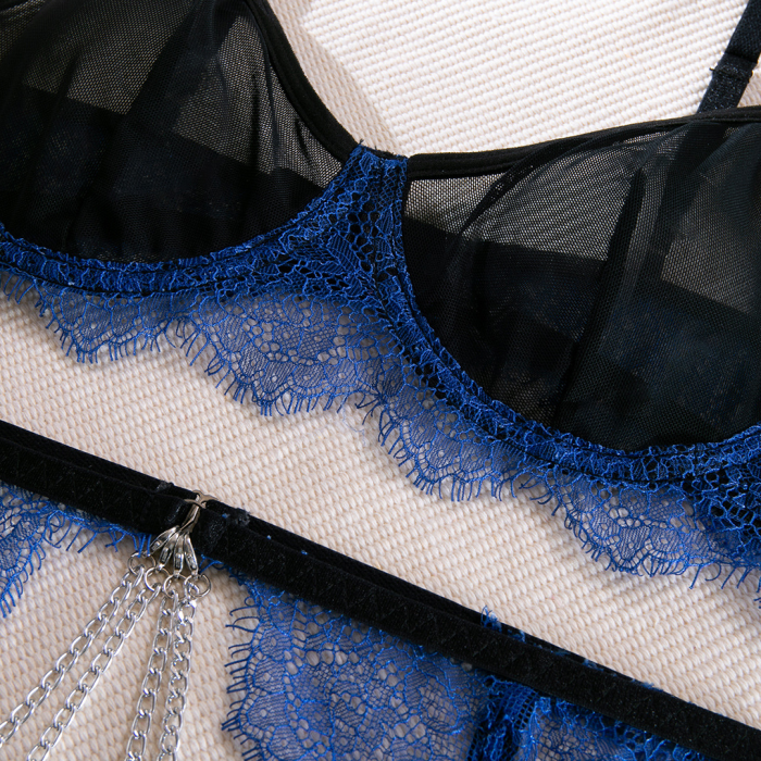 Комплект эротического белья, черный с синим кружевом