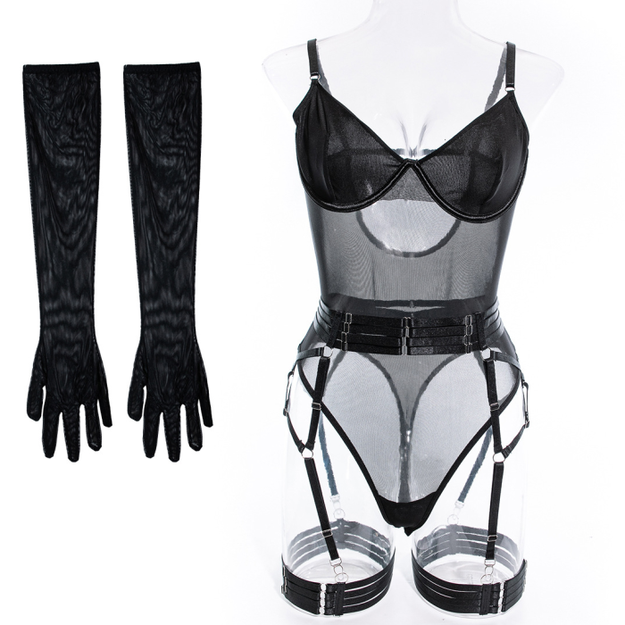 Эротический боди комплект с перчатками, черный