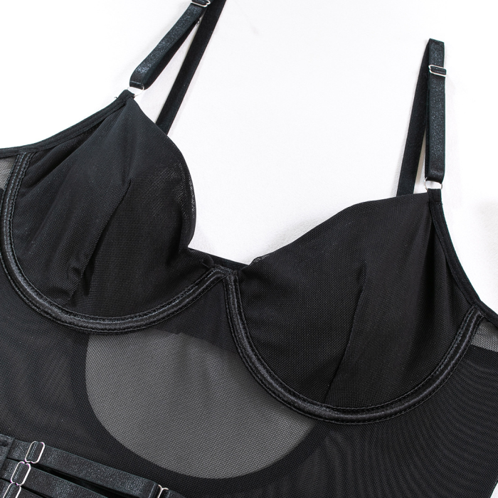 Эротический боди комплект с перчатками, черный