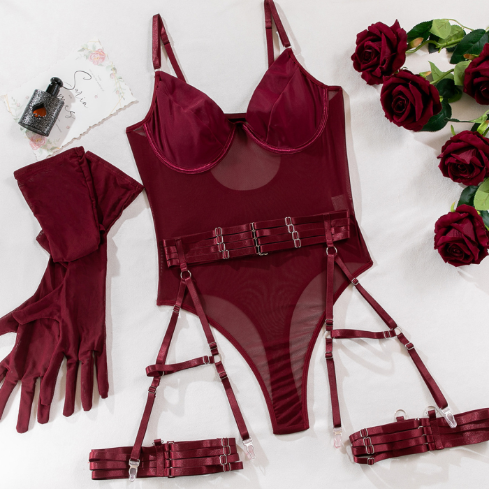 Эротический боди комплект с перчатками, бордовый
