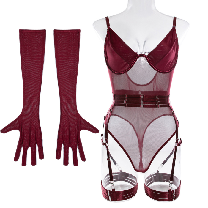 Эротический боди комплект с перчатками, бордовый