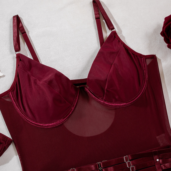 Эротический боди комплект с перчатками, бордовый