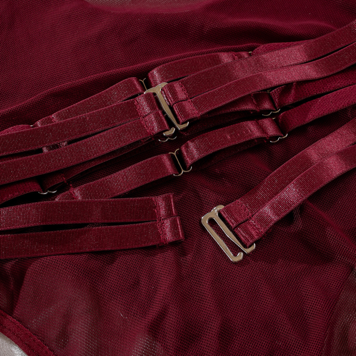 Эротический боди комплект с перчатками, бордовый