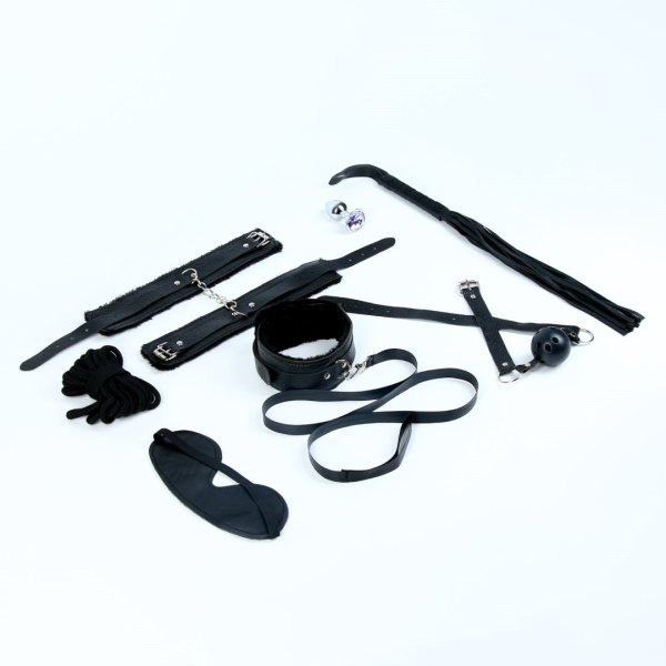 Эротический БДСМ набор, 8 предметов, металл, кожа, черный