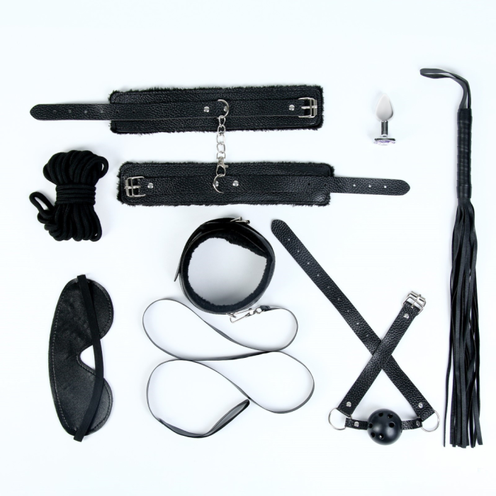 Эротический БДСМ набор, 8 предметов, металл, кожа, черный