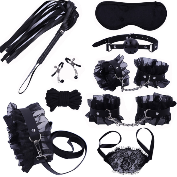 Эротический БДСМ набор с черным кружевом, чёрный, экокожа, 9 предметов