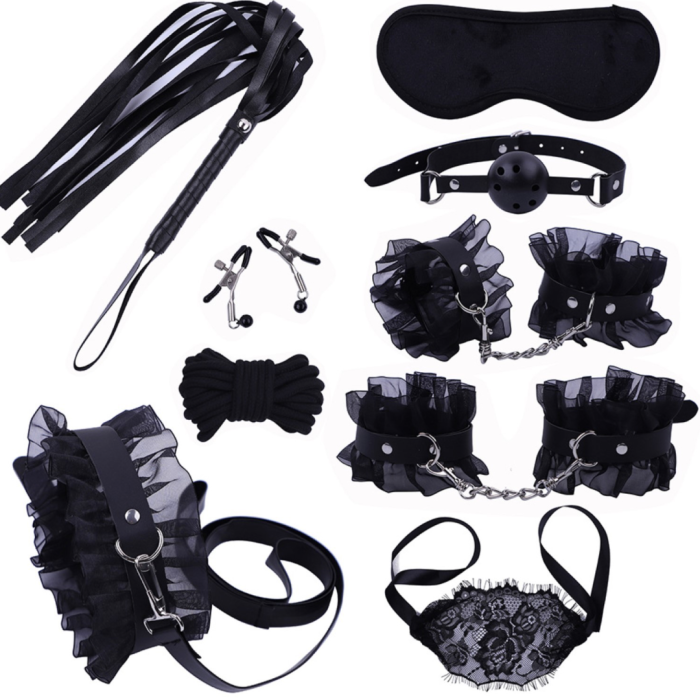Эротический БДСМ набор с черным кружевом, чёрный, экокожа, 9 предметов
