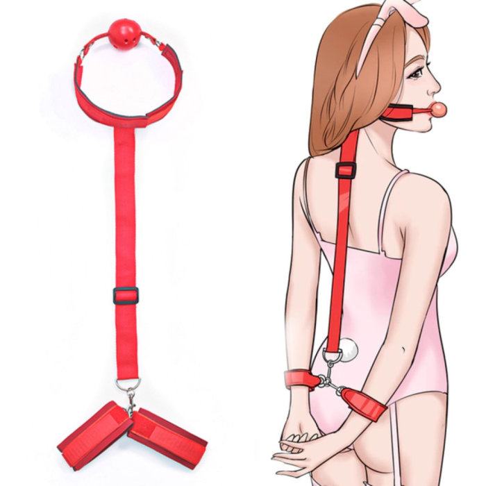 Кляп с наручниками, регулируемые ремни, неопрен, стропа, PVC