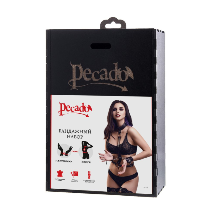 Сбруя для фиксации шеи и рук Pecado BDSM, натуральная кожа, черная
