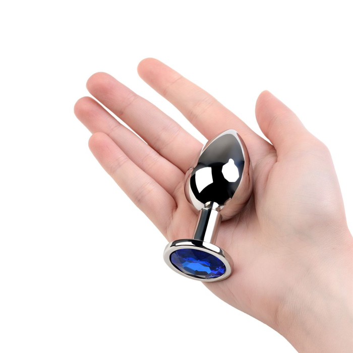 Анальная втулка Metal by TOYFA, металл, серебряная, с синим кристаллом, 8 см, Ø 3,5 см, 265 г