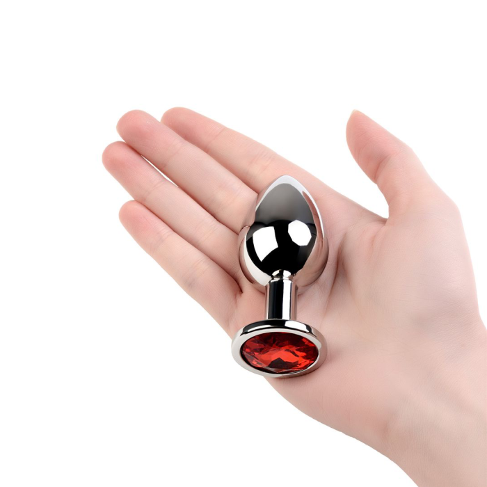 Анальная втулка Metal by TOYFA, металл, серебряная, с красным кристаллом, 8 см, Ø 3,5 см, 265 г