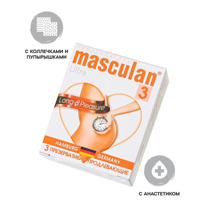 Презервативы Masculan, ultra 3, продлевающие, 19 см, 5,3 см, 3 ш